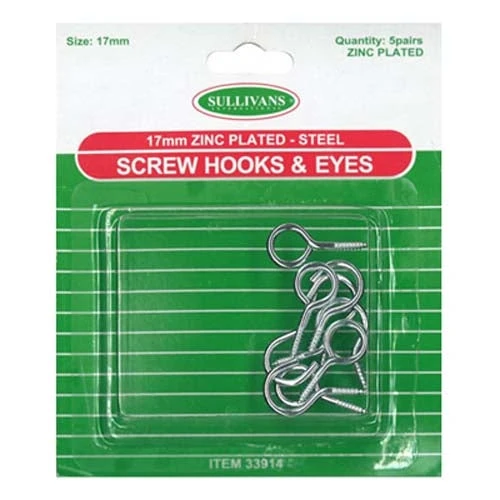 Sullivans Screw Hook & Eyes, 17mm Steel- 5 Pairs 1 Sullivans Screw Hook & Eyes, 17mm Steel- 5 Pairs