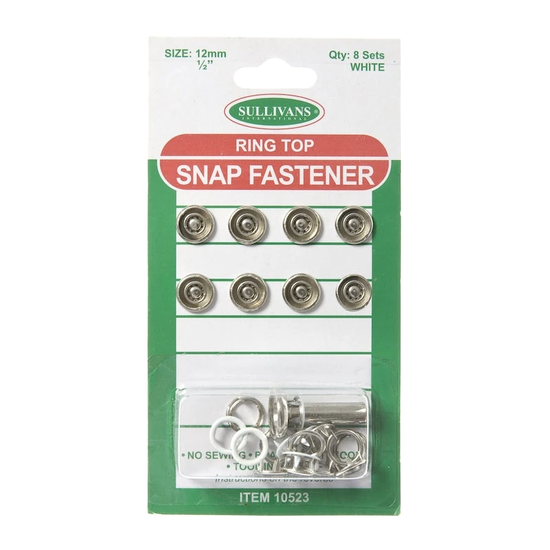 Ring Top Snap Fastener Size 12mm, White- 8 Sets 1 Ring Top Snap Fastener Size 12mm, White- 8 Sets
