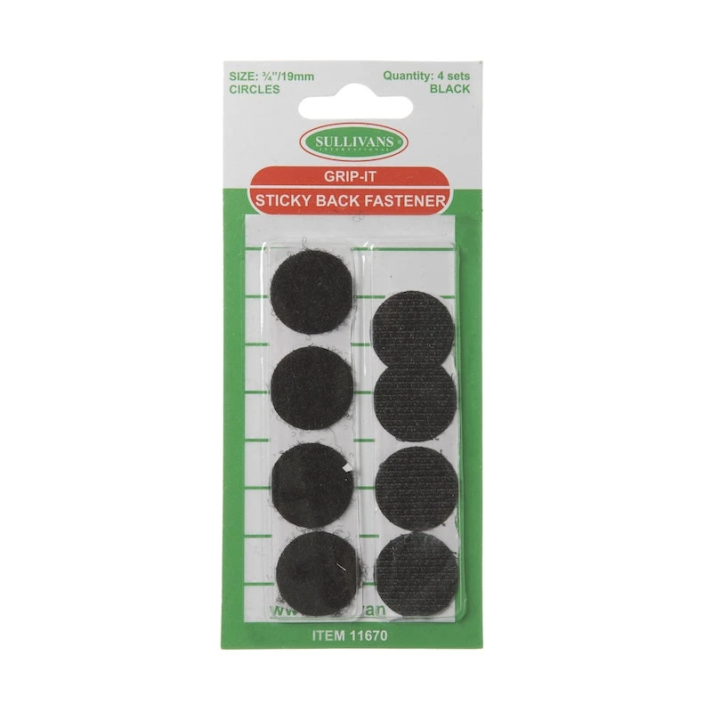 Circular Grip-It Sticky Back Fastener Size 19mm, Black- 4 Sets 1 Circular Grip-It Sticky Back Fastener Size 19mm, Black- 4 Sets