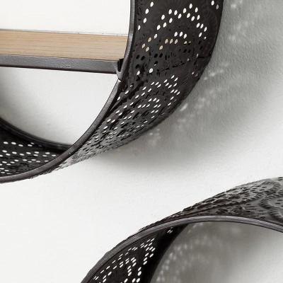 Sullivans Perforated Metal Round Shelf Set Of 2, 15.75"H & 14"H Black 1 Sullivans Perforated Metal Round Shelf Set Of 2, 15.75"H & 14"H Black