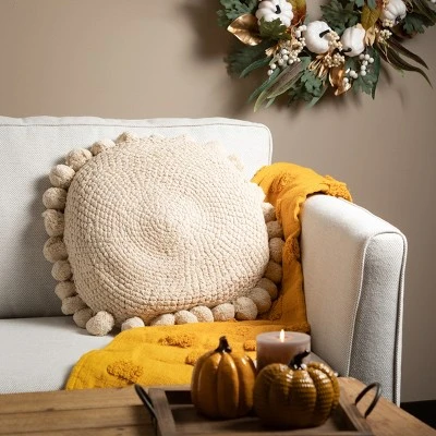 Sullivans Pom Pom Round Decorative Pillow Natural 22"H 2 Sullivans Pom Pom Round Decorative Pillow Natural 22"H - Image 2