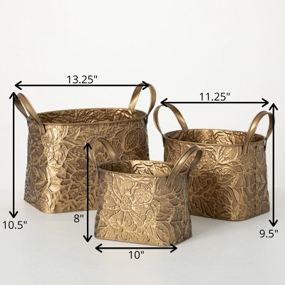 10.5"H Sullivans Brass Botanical Basket Set Of 3, Gold 3 10.5"H Sullivans Brass Botanical Basket Set Of 3, Gold - Image 3