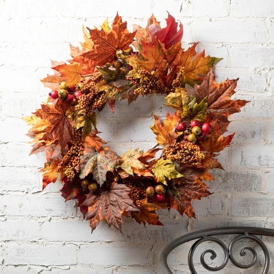 Sullivans Maple & Berry Artificial Wreath 24"H Orange 2 Sullivans Maple & Berry Artificial Wreath 24"H Orange - Image 2