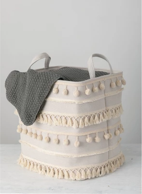 Sullivans Pom Pom Basket 18.75"H Off-White 2 Sullivans Pom Pom Basket 18.75"H Off-White - Image 2